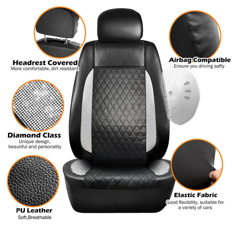 Bling Diamond Pattern PU Leather Car Seat Covers Full Interior Set,Shining Rhinestone Automotive Seat Cover, Universal Fit Seat Covers for Vehicles Sedans Suvs