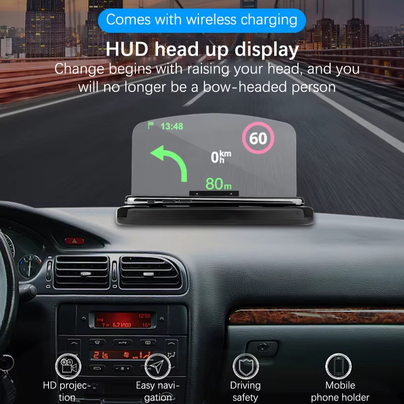 Mobile Phone Holder HUD Car Navigation Projector Head-Up Display QI Wireless Charger Car Holder