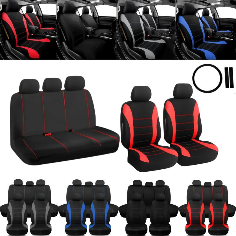 12Pcs Car 5 Seat Covers , with 15" Steering Wheel Cover Belt Pad Set , Full Set Front Rear Cushion Polyester Cloth Protector Universal