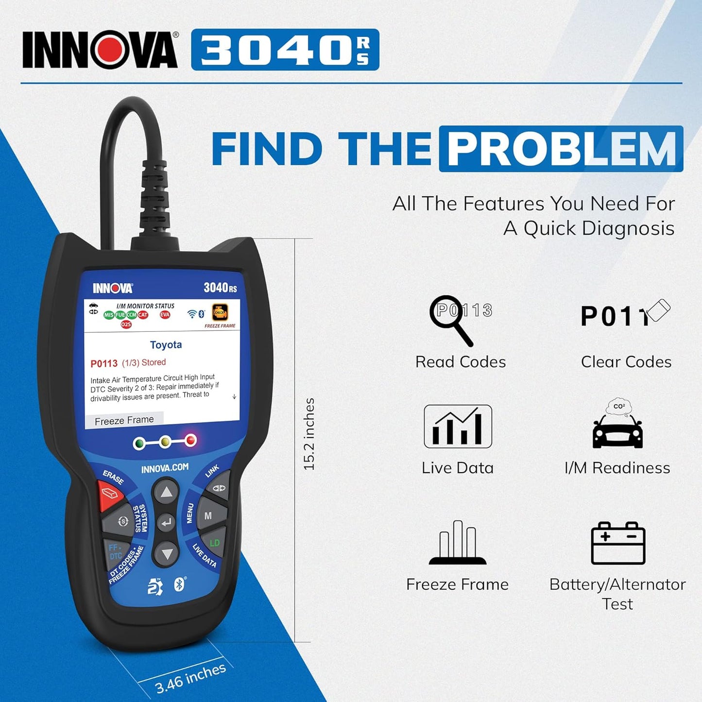 3040RS, OBD2 Scanner, Live Data Streamer, Battery/Alt Tester, Reset Check Engine Light/Brake Light/Oil Light, Free Mechanic Recommended Fix & Parts & Est Repair Cost, Free Updates