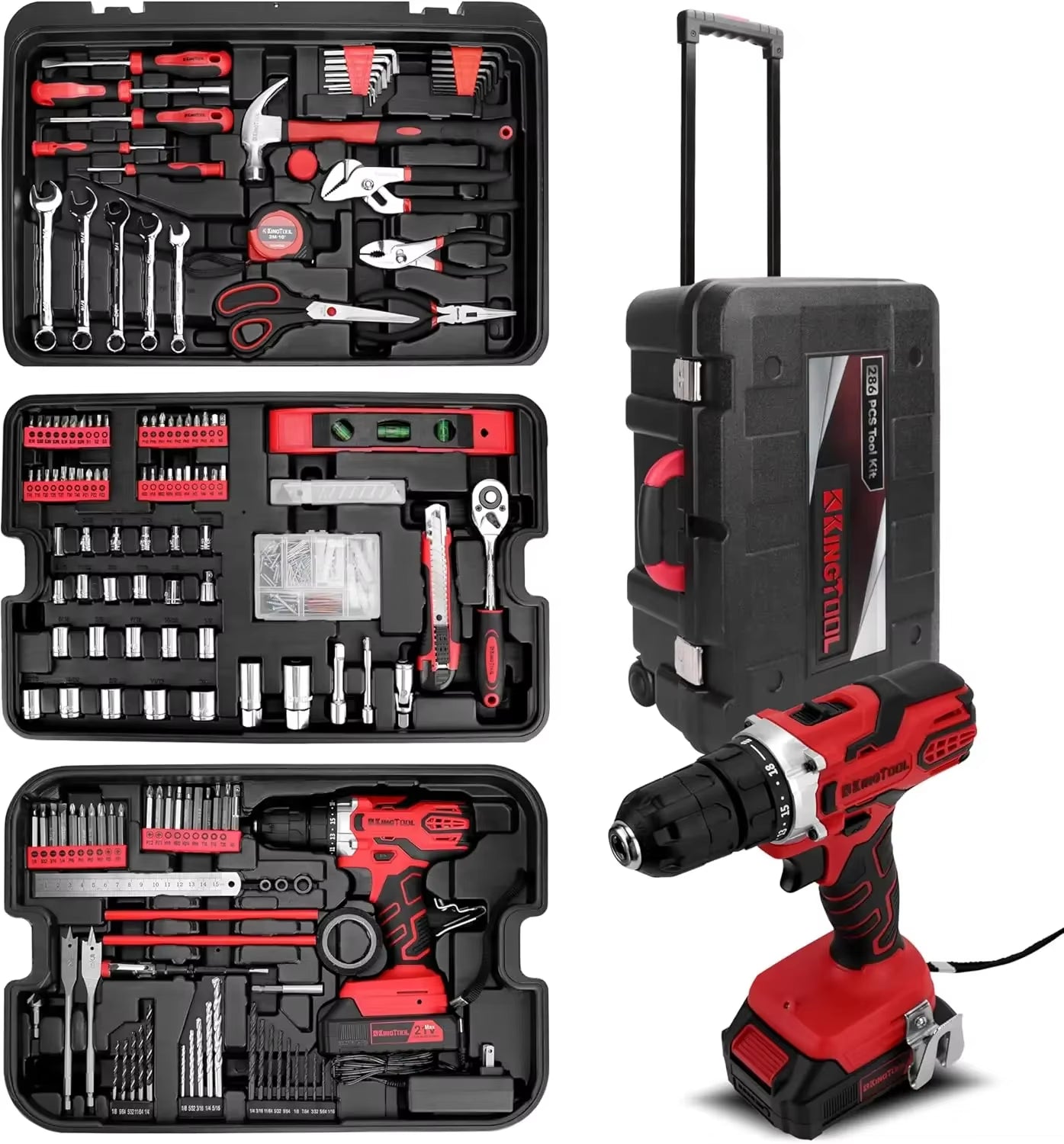 Home Tool Set Kit 286 PCS Home Auto Repair Tool Kit with Rolling Box Mechanic Tool Sets with 21V Max Cordless Power Drill