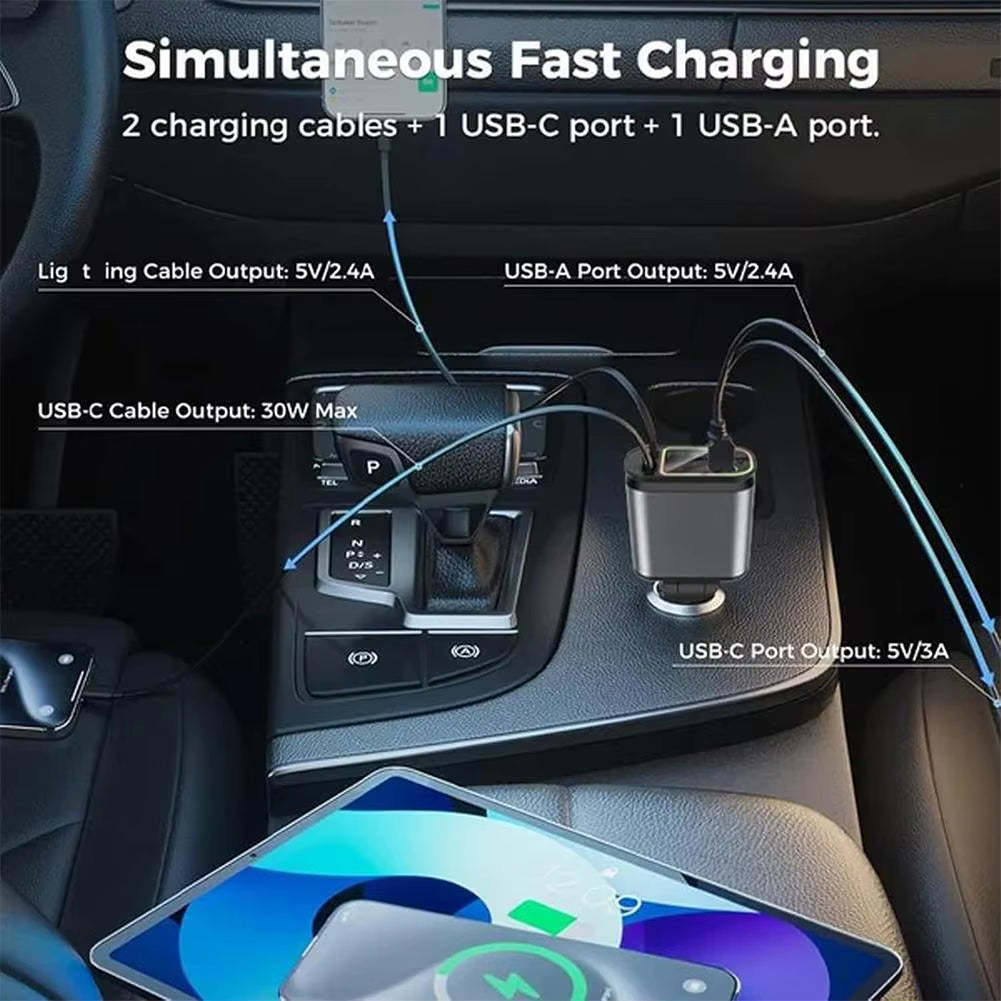 4 in 1 120W Retractable Car Charger Starlight in Car Roof Star Night Light Type C Fast Charging Adapter Dual Car Charge Adapter