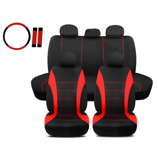 12Pcs Car 5 Seat Covers , with 15" Steering Wheel Cover Belt Pad Set , Full Set Front Rear Cushion Polyester Cloth Protector Universal