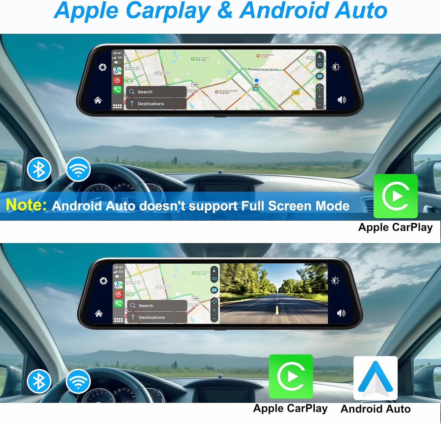 12" 2K Rear View Mirror Dash Cam Backup Camera, In-Mirror Smart HD Full Touch Screen Front&Rear Video Players Support Apple Carplay&Android Auto for Cars&Trucks, Parking Monitoring, 64GB Card