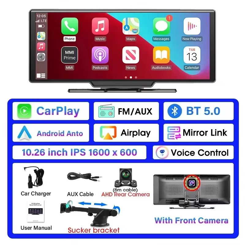 Yunpan 10.26" Dash Cam 4K 2160P Rearview Camera Carplay & Android Auto Dvr Gps Navigation Voice Control Car Dvr 5G Bt Fm Monitor