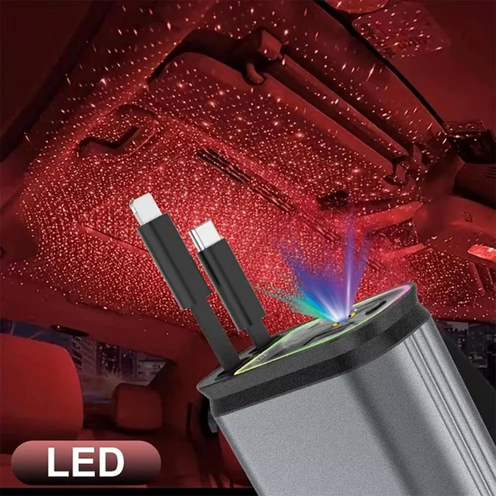 4 in 1 120W Retractable Car Charger Starlight in Car Roof Star Night Light Type C Fast Charging Adapter Dual Car Charge Adapter