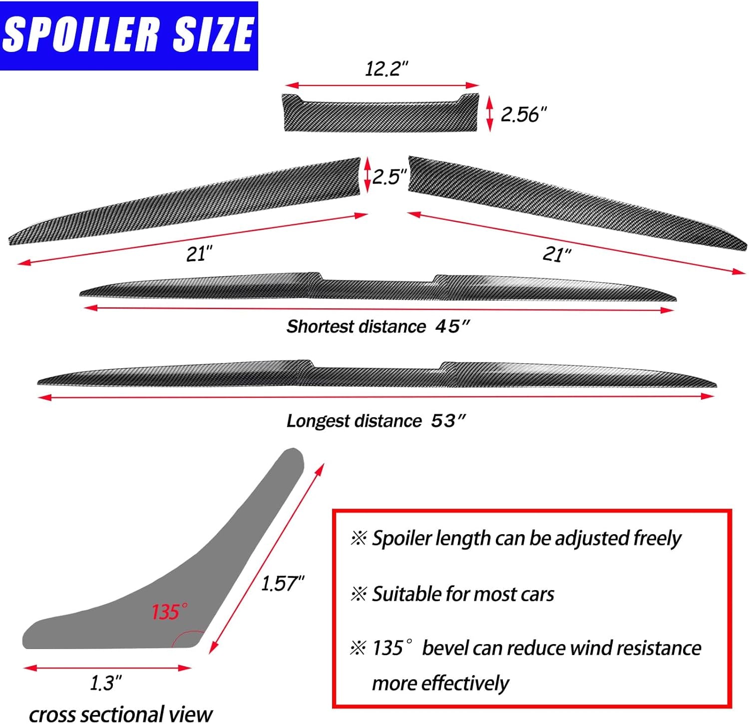 Spoiler Universal Spoiler Wing for Most Cars Rear Trunk and Rear Window Roof Carbon Fiber Spoiler 45-53In Punch-Free Installation