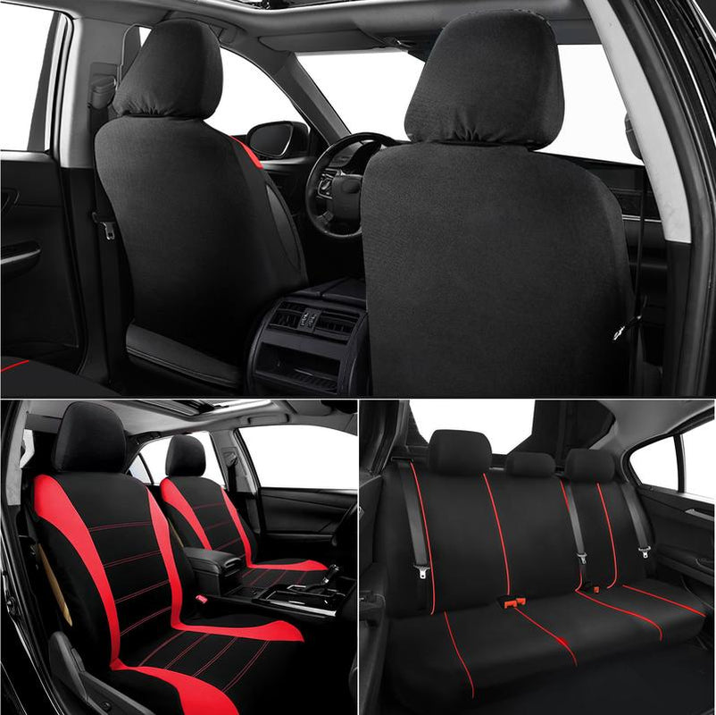 12Pcs Car 5 Seat Covers , with 15" Steering Wheel Cover Belt Pad Set , Full Set Front Rear Cushion Polyester Cloth Protector Universal