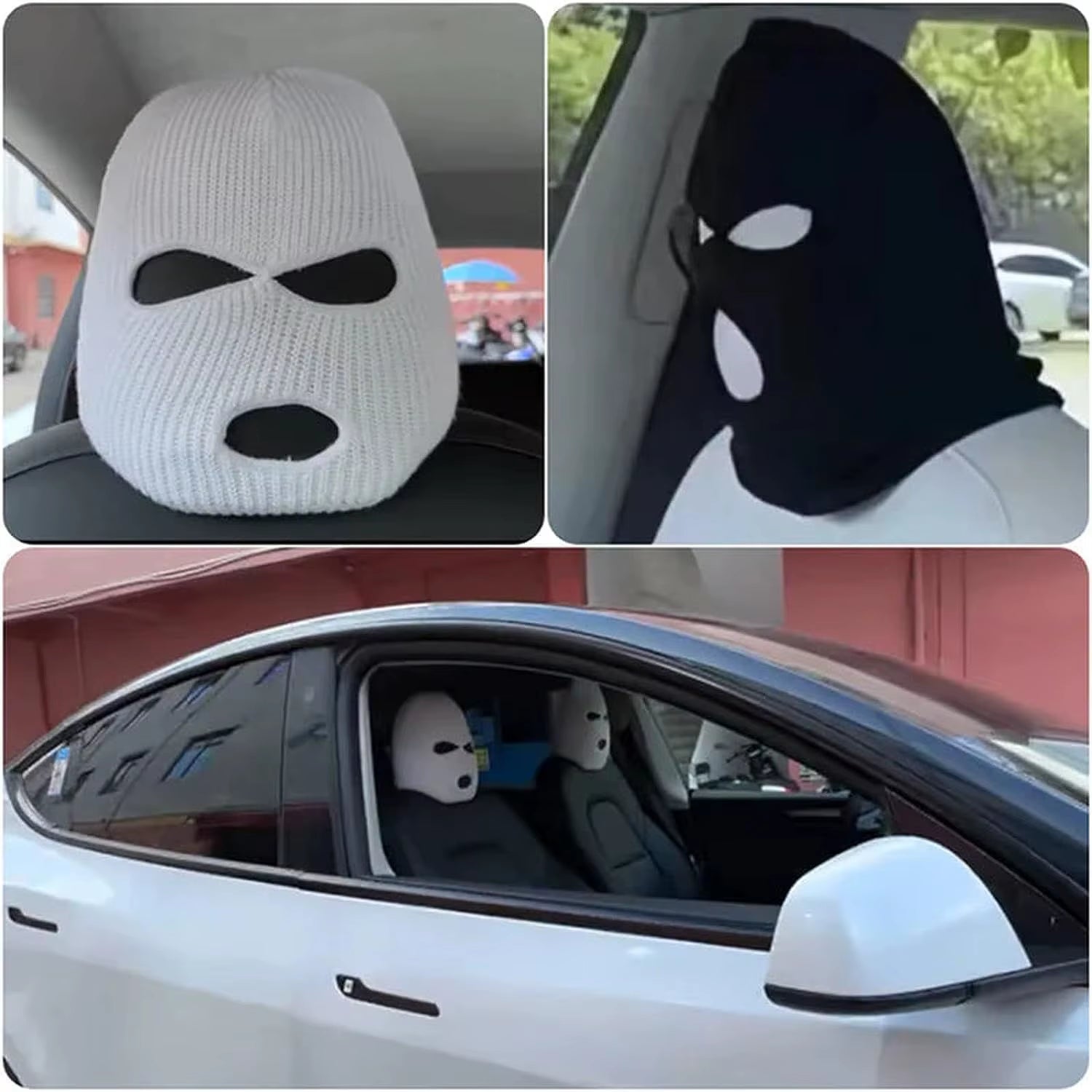 Spoof Car Seat Cover Masked Person Knitted Headgear Halloween Headrest Cover Decoration Car Anti-Theft Warning Accessories