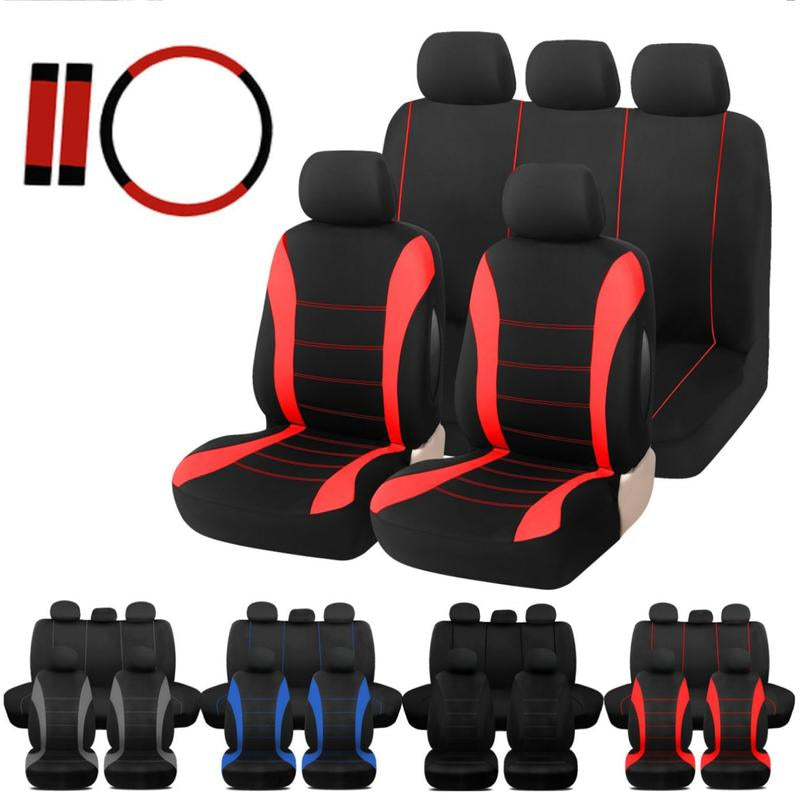 12Pcs Car 5 Seat Covers , with 15" Steering Wheel Cover Belt Pad Set , Full Set Front Rear Cushion Polyester Cloth Protector Universal