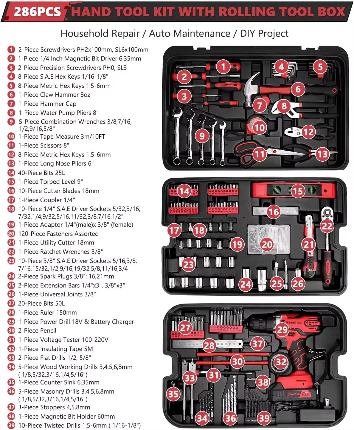 Home Tool Set Kit 286 PCS Home Auto Repair Tool Kit with Rolling Box Mechanic Tool Sets with 21V Max Cordless Power Drill