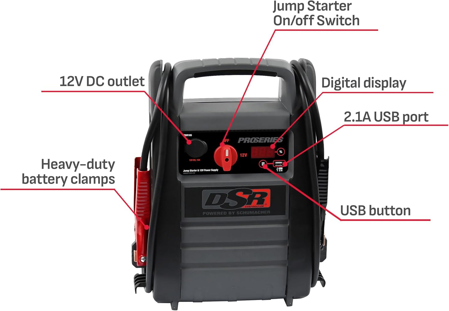 DSR Proseries DSR165 Jump Starter and Portable Power Station for Car, SUV, Truck, and Boat Batteries, 2200 Peak Amps, 525 Cranking Amps, 12 Volt, Gray, 1 Unit