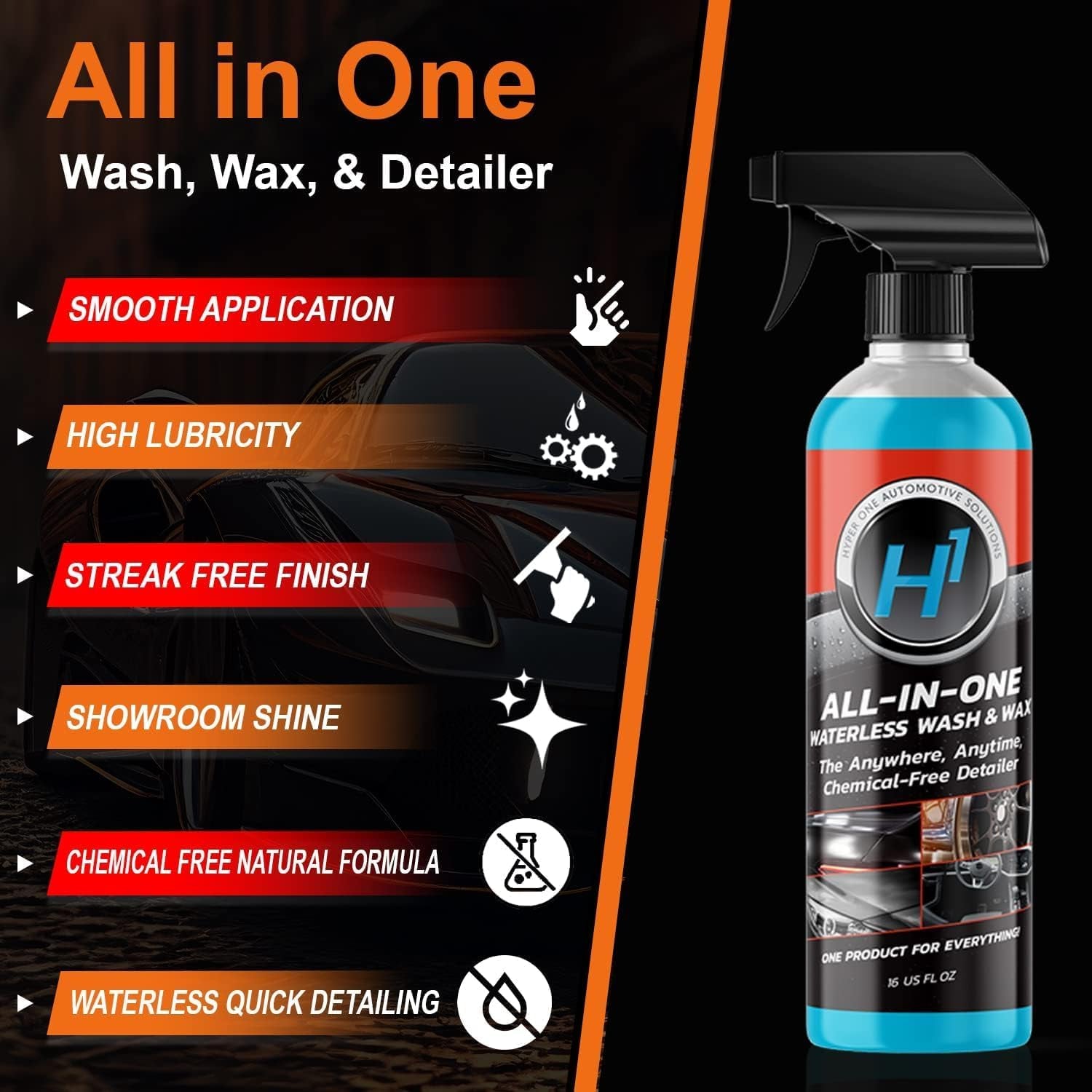 Hyper One Waterless Car Wash and Wax Spray - All-In-One High Gloss Detailing for Car Interior & Exterior - Long Lasting UV Car Protection - Quick Multisurface Detailer for Cars, Rvs, and Motorcycles